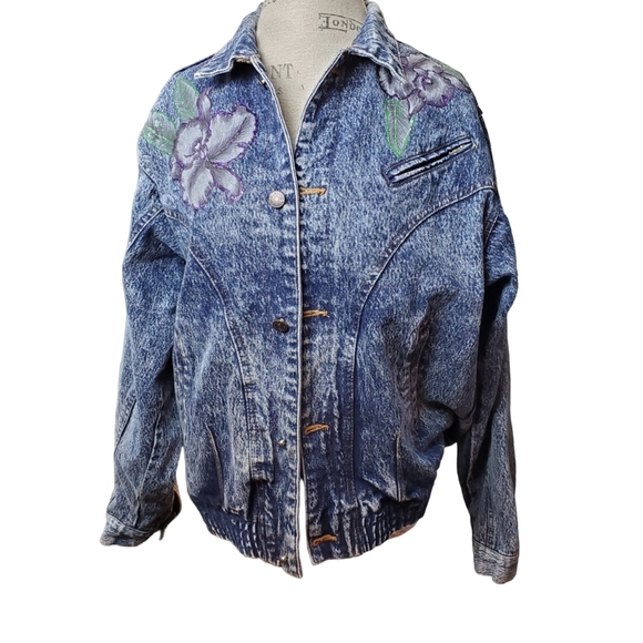 Vintage Jackets & Blazers - RARE  | Vintage Roglins Acid Wash Bomber Jean Jacket Glitter florals (Size M)